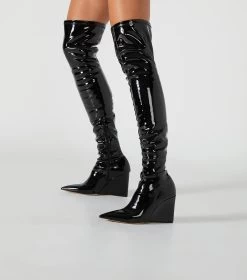 Doja Black Stretch Patent Long Boots -Tony Bianco Sales doja black stretch patent long boots on foot 1288 2